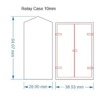 Load image into Gallery viewer, Rail Model Relay Relay Case 10 mm scale—technical drawing with front and side elevation views showing dimensions of 64.07 mm high × 38.53 mm wide × 28.90 mm deep, including outlined panel doors, hinges, and sloped roof profile.