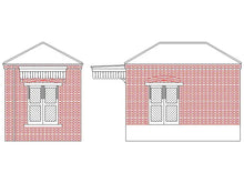 Load image into Gallery viewer, Architectural line drawing of Rail Model Rhoystellen Station Goods Shed, 4 mm scale—elevation views showing detailed brickwork, pitched roof, arched window and door lintels, and decorative canopy over the loading entrance.