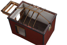 Load image into Gallery viewer, Rail Model Rhoystellen Station Goods Shed, 4 mm scale—partially roofed model showing detailed internal structure with exposed roof trusses, timber rafters, white interior walls, and arched loading doors.