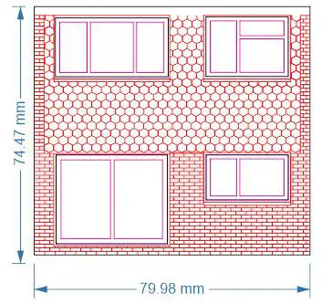 Rail Model Terraced House 4 mm scale—dimensioned front-wall diagram (79.98 mm × 74.47 mm) showing lower brick course, upper hexagonal–tile cladding, and four window openings: a wide picture window and smaller window on the ground floor, plus two differently sized windows on the first floor.
