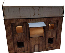 Load image into Gallery viewer, A laser cut and engraved model of a coal stage building, resembling a structure found in the GWR Didcot area, made from layers of brick etched MDF with windows, doors, and stair section included.
