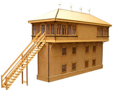 Load image into Gallery viewer, A 4mm scale model of the Exeter Cantilever Signal Box, featuring a wooden structure with brick work, laser etched details, windows, and a roof.