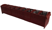 Load image into Gallery viewer, A maroon model of a fish van, made from laser cut and etched MDF, with visible louvered ventilation.