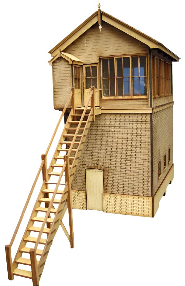 A 4mm scale model of the LNWR Signal Box made using laser cutting, featuring a wooden appearance with steps, windows, and a detailed design.