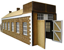 Load image into Gallery viewer, A 7mm scale model of a engine shed made from MDF with plastic overlays, featuring a gable roof, windows, and a rear office.