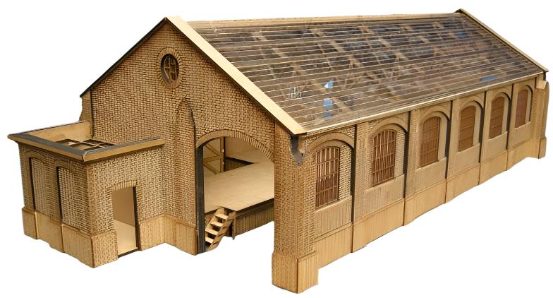 A laser-cut model of the Gorleston Goods Shed, made from wood with a clear acetate roof and cardstock tiles.