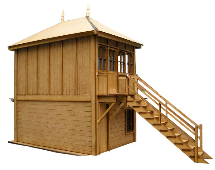 A 7mm scale model of a wooden signal box with detailed etched panels, steps, and a roof.