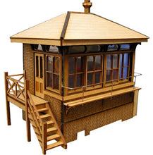 Load image into Gallery viewer, A 4mm scale model of the Drayton Signal Box, featuring a detailed wooden structure with windows, stairs, and a small bell tower.