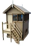 A model of a signal box kit made of wood with laser cut details, including windows, doors, and roofing.