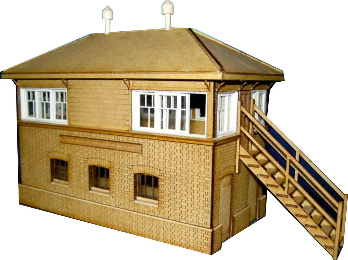 Rail Model The Bearley West Junction Signal Box, 4 mm scale—assembled laser-cut MDF kit depicting a two-storey brick signal box with a hipped roof and twin rooftop ventilators, white-framed windows around the upper lever room, and an external wooden staircase.