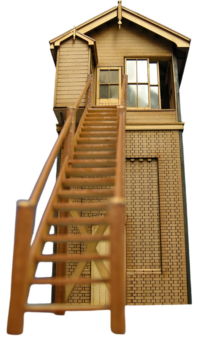 A model of a Type 5 Tall Size D LNWR signal box made of wood, featuring detailed brick patterns and a set of steps.