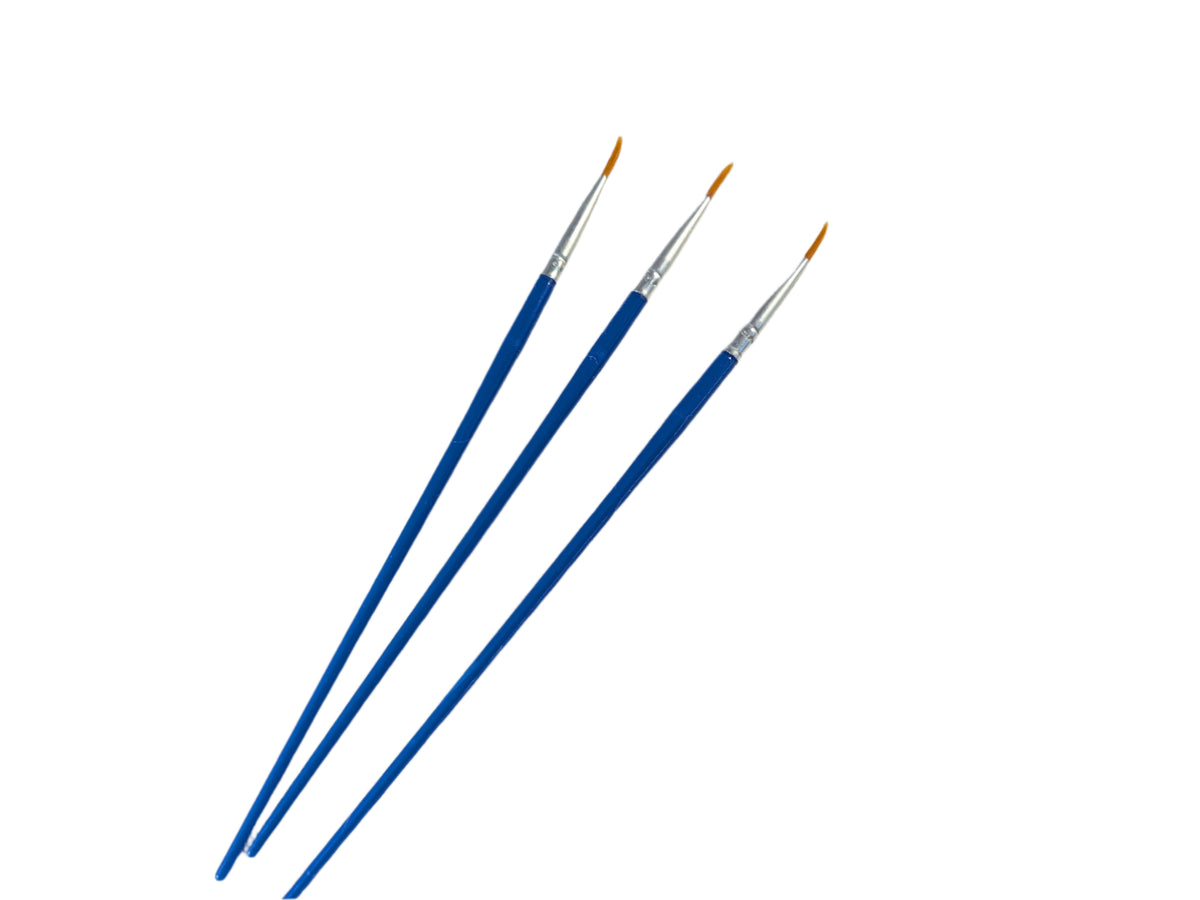 Three paintbrushes with blue handles on a 
