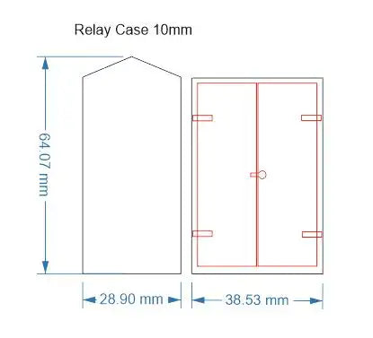 Rail Model Relay Relay Case 10 mm scale—technical drawing with front and side elevation views showing dimensions of 64.07 mm high × 38.53 mm wide × 28.90 mm deep, including outlined panel doors, hinges, and sloped roof profile.