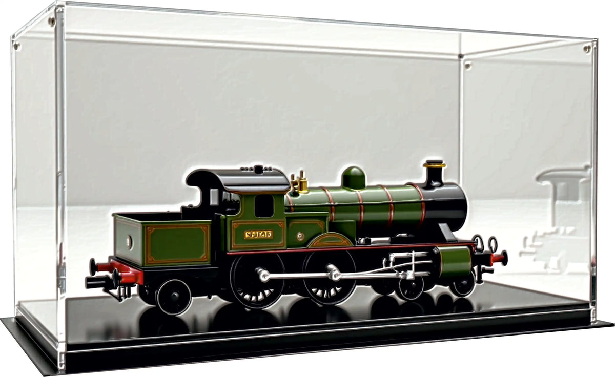 Rail Model crystal-clear acrylic display case showcasing a finely detailed green and black steam locomotive model with red lining, gold accents, and six spoke wheels, all set on a glossy black base.
