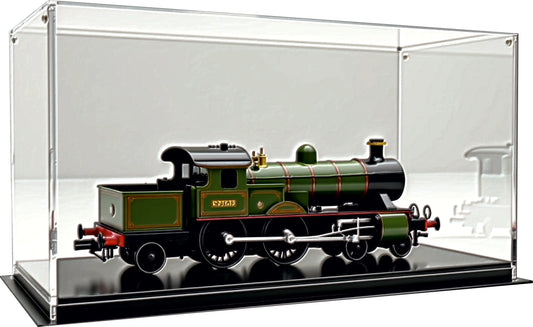 Rail Model crystal-clear acrylic display case showcasing a finely detailed green and black steam locomotive model with red lining, gold accents, and six spoke wheels, all set on a glossy black base.