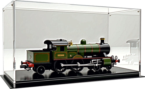 Rail Model crystal-clear acrylic display case showcasing a finely detailed green and black steam locomotive model with red lining, gold accents, and six spoke wheels, all set on a glossy black base.