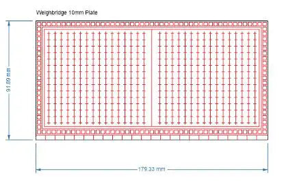 Technical drawing of a rectangular ‘Weighbridge 10 mm Plate’ showing overall dimensions 179.33 mm × 91.89 mm, with a dense red grid, central vertical divider, and check-pattern border.