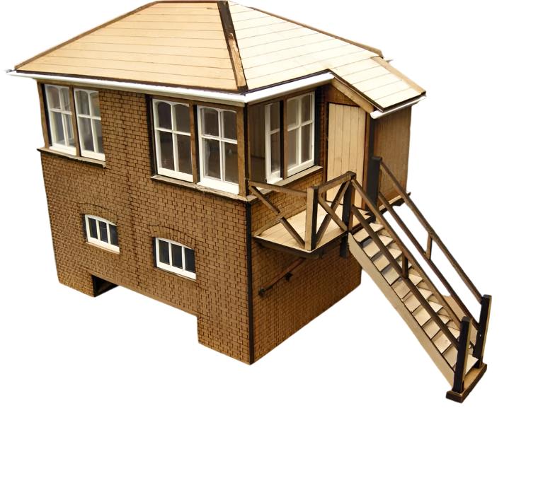 A 4mm scale model of the Farncombe East Signal Box, featuring a wooden structure with detailed windows, stairs, gutter, and tiles.