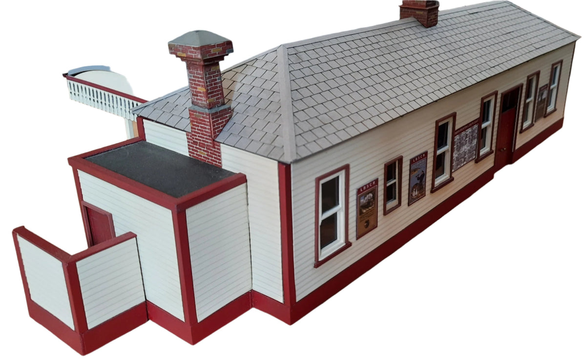 A model of Fittleworth Station, featuring detailed architectural elements such as windows, gutter, downpipe, and a canopy valance.