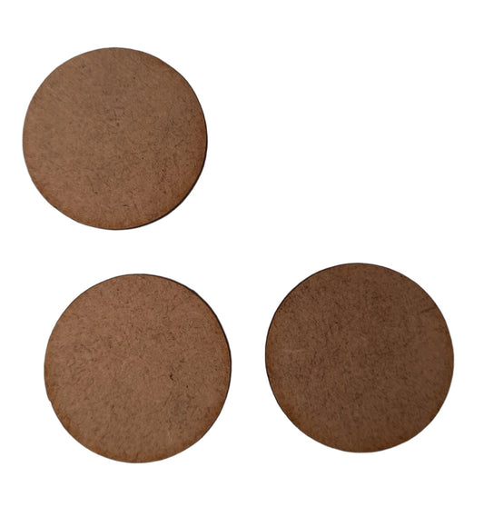Three round brown MDF bases for model figures or displays.