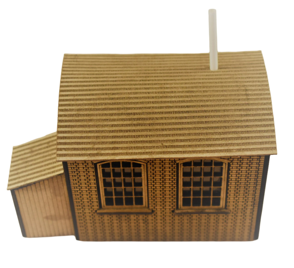 A model of a sand bin and furnace with a brick effect, featuring window film and a chimney pipe, made from MDF.