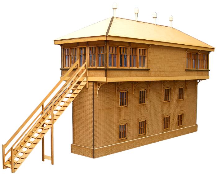 A 4mm scale model of the Exeter Cantilever Signal Box, featuring a wooden structure with brick work, laser etched details, windows, and a roof.
