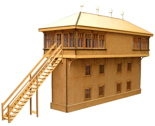 A 4mm scale model of the Exeter Cantilever Signal Box, featuring a wooden structure with brick work, laser etched details, windows, and a roof.