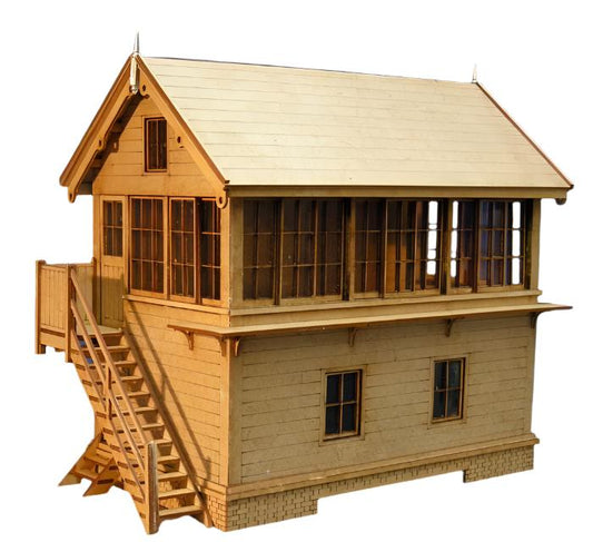 A wooden signal box model kit with detailed laser cut features, including windows, doors, and guttering.