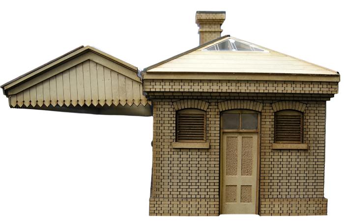 A 10mm scale model of Rhoystyllen Station made from MDF with laser etched brickwork, a canopy skylight, window acetate, downpipe, gutter, and tile arrangement.