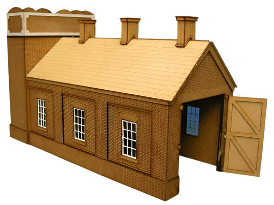 A 3mm scale model of the Tetbury Engine Shed, featuring a wooden structure with detailed windows, doors, and a water tower attachment.