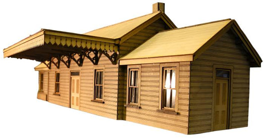 A 7mm scale model of the Chudleigh Country Station, featuring wooden construction with a canopy, gutter, and window details.