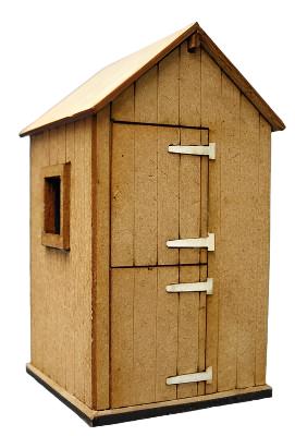 A laser cut MDF model of a small hut, possibly for model train sets, with a door and window, crafted from light-colored wood.