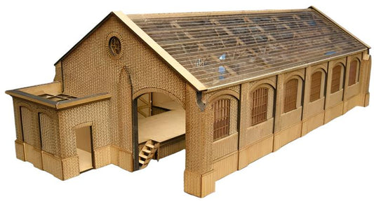 A laser-cut model of the Gorleston Goods Shed, made from wood with a clear acetate roof and cardstock tiles.