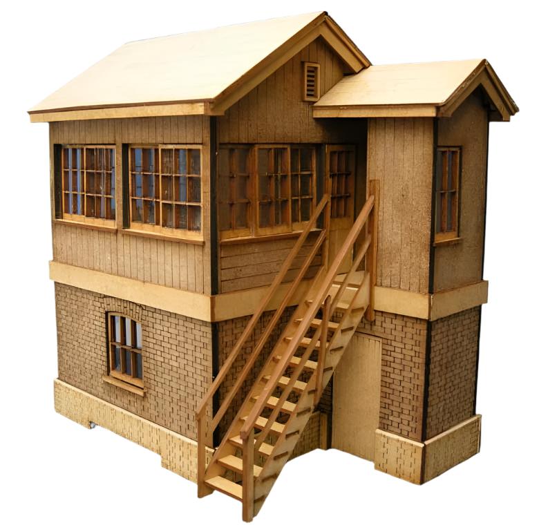 A 4mm scale model of the Helston Signal Box, featuring a detailed wooden structure with steps, windows, and a thatched roof.