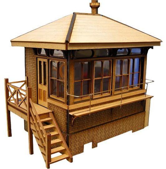 A 4mm scale model of the Drayton Signal Box, featuring a detailed wooden structure with windows, stairs, and a small bell tower.