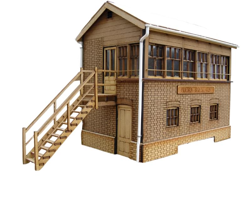 A 7mm scale model of the GWR Pewsey Signal Box, featuring laser cut and etched brickwork, windows, roof tiles, guttering, and downpipe.